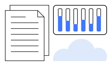 Kâğıtlar, test tüpleri kısmen mavi sıvıyla dolu ve bulut şeklinde. Bilim, eğitim, araştırma, yenilik, teknoloji, veri analizi ve basit bir iniş sayfası için ideal