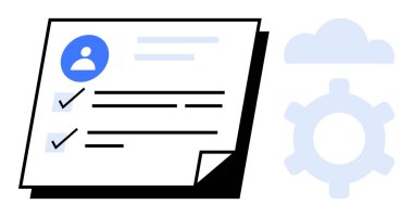 Kullanıcı profili, görev tamamlama işaretleri, bulut sembolü ve otomasyonu temsil eden dişli simgesi içeren belge. İş akışı, bulut depolama, kullanıcı yönetimi, veri paylaşımı, görev izleme dijital için ideal