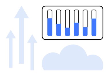 Veri ilerleme çubukları mavi, yukarı doğru oklarla çevrili ve bulut şeklinde. Veri yönetimi, büyüme, bulut hesaplama, metrik, analitik, izleme performansı, basit iniş sayfası için ideal
