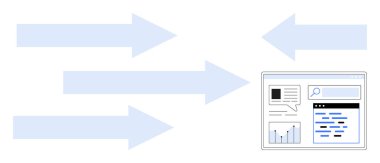 Çoklu oklar bilgisayar ekranında grafikler, metinler ve arama çubuğuyla kesişiyor. Veri yönetimi, bilgi akışı, dijital analiz, iletişim, verimlilik, takım çalışması için ideal basit iniş