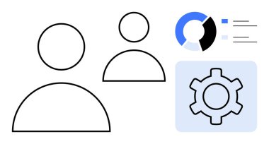 Kullanıcı, veri akışı ve ayarlar dişli simgesi olan bir pasta grafiğinin yanında avatarlar. Kullanıcı yönetimi, analitik, özelleştirme, takım çalışması, ayarlar, teknolojik çözümler, basit iniş sayfası için ideal