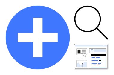 Mavi artı işareti, büyüteç ve çubuk grafikli web düzeni büyüme, arama ve çevrimiçi bilgiyi temsil ediyor. Navigasyon, araştırma, eğitim, sağlık analiz desteği için ideal