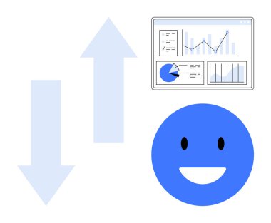 Yukarı ve aşağı oklar dinamiği, çizelgeli analitik gösterge panelini ve gülen bir yüzü gösteriyor. Veri analizi, büyüme, eğilimler, ilerleme, iş başarısı, duygular için ideal