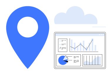 Üzerinde grafikler, çizelgeler ve bulut arkaplan bulunan mavi konum broşu. Veri takibi, iş izleme, navigasyon, konum belirleme, bulut depolama, basit analizler için ideal