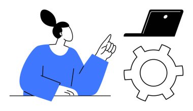 İş kadını, yenilik, teknoloji ve takım çalışmasını sembolize ederek dizüstü bilgisayara ve teçhizata doğru hareket eder. Teknoloji, işbirliği, eğitim, iş sunumu, problem çözme verimliliği için ideal basit