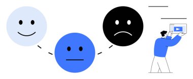 Mutlu, tarafsız ve hüzünlü yüz ifadeleri ekran tutan bir adamla noktalı çizgilerle birbirine bağlanmış. Geri bildirim, duygusal sağlık, eğitim, analitik, öğrenme ve karar verme için ideal