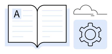 Metin satırlarını gösteren açık bir kitap, teknoloji için bir dişliye bitişik ve bağlantı için bir bulut. Eğitim, bilgi paylaşımı, yenilik, öğrenme, bulut hesaplama, otomasyon ve basit bir