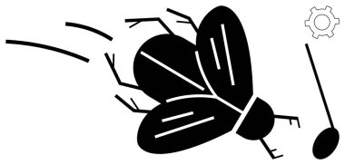 Siyah böcek hareket halindeki bir böceği temsil ediyor, vites sembolü ve işaret eden bir elementin yanında. Yazılım, geliştirme, sorun giderme, hata ayıklama, sistem hatası, kodlama, basit iniş sayfası için ideal