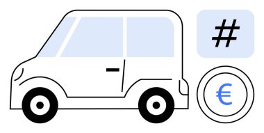 Maliyet tasarrufu, dijital pazarlama, finansal planlamayı vurgulayan avro sikke ve meta veri etiketinin yanında küçük araç çizimi. Araba kiralama, toplu taşıma, tasarruf, çevrimiçi trendler ve veriler için ideal