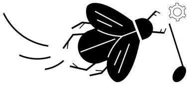 Hareket izli uçan mekanik böcek, stilize edilmiş sinek sineği kıracağı ve vites sembolü. Teknoloji, otomasyon, yaratıcılık, robotik, yenilik, problem çözme ve basit bir iniş sayfası için ideal