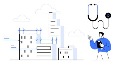 Şehrin ufuk çizgisi inşaat halindeyken bir sağlık uzmanı steteskopun yanında bir pano tutuyor. Kamu sağlığı, şehir planlaması, kentsel büyüme, sağlık ve toplum sağlığı için ideal