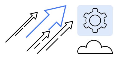 Yukarı bakan oklar dişli ve bulut büyümeyi, ilerlemeyi ve teknolojiyi sembolize ediyor. Yenilik, iş stratejisi, kalkınma, teknolojik çözümler, bulut hesaplama, büyüme stratejisi için ideal