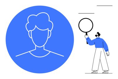 Mavi çemberde, elinde büyüteç olan asgari karakterin yanındaki profil çizgisi. Kimlik, kişisel büyüme, işe alım, arama, dijital platformlar, keşif, basit iniş sayfası için ideal
