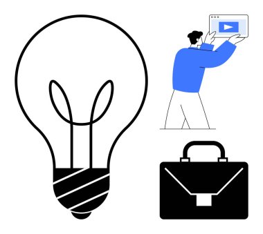 Ampul, yaratıcılık çantasını sembolize eden, iş kavramlarını temsil eden, ekranı bir çalma düğmesiyle tutan kişi. Yenilik için ideal, profesyonel büyüme, yaratıcılık, girişimcilik