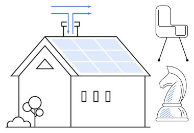 Güneş panelleri, hava akışı okları, ağaç, modern sandalye ve satranç şövalyesi olan bir ev. Sürdürülebilirlik, eko-yaşam, temiz enerji stratejisi mobilya tasarımı için ideal mimari minimal sanat. Düz basit
