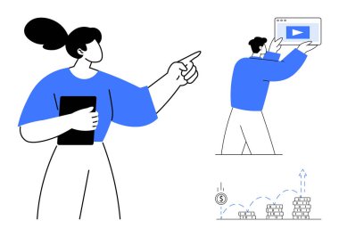 Tablet tutan ve işaret eden kadın, video içeriği sunan adam, bozuk para dolu oklar. Takım çalışması, dijital pazarlama, eğitim, yenilik, finansal planlama, yaratıcılık için ideal