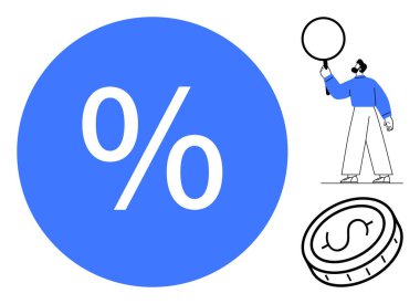 Odaklanan yüzde sembolü dairesel bir nesne ve bozuk para tutan bir işadamı. Finans, tasarruf, faiz oranları, yatırım, pazarlama, indirimler için ideal