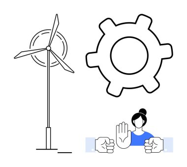 Rüzgar türbini, büyük teçhizat ve kadınlar temiz enerji, işbirliği, kişisel sınırlar, yenilik, sürdürülebilirlik, çatışma çözünürlüğü ve işyeri etiğini simgeleyen iki yumrukla el kaldırdılar. Düz