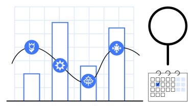 Mevsimsel hava ikonlarının olduğu bar grafiği, trend çizgisi örtüsü, takvim, büyüteç. Veri görselleştirme, hava tahmini, piyasa araştırması, analitik, planlama eğilimleri için ideal