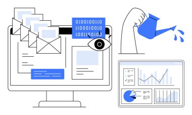 Monitördeki e-postalar, ikili kod, büyüme için el sulama, grafik analizleri. E- posta pazarlama, veri güvenliği, dijital büyüme, verimlilik araçları, çevrimiçi platformlar basit iniş için ideal