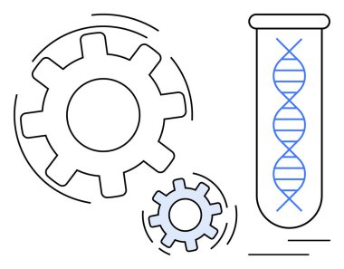 Biyoteknoloji entegrasyonunu temsil eden bir test tüpündeki DNA ipliği ile mühendisliği sembolize eden dişliler. Bilim, mühendislik, yenilik, biyoteknoloji, genetik, araştırma ve modern teknoloji için idealdir. Düz