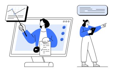 Grafikler ve video ile ekran üzerinden uzak sunum, işbirliğini vurgula. Eğitmen tablet tutarken geri bildirim veriyor. Eğitim, eğitim, iletişim, takım çalışması, öğrenme, uzaktan eğitim için ideal