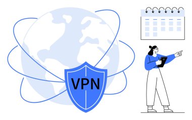 Yörünge bağlantıları olan bir dünyayı kaplayan VPN etiketli mavi kalkan, elinde tablet tutan bir kadın ve bir takvim. Siber güvenlik, gizlilik, küresel erişim, zaman çizelgesi, uzaktan çalışma için ideal