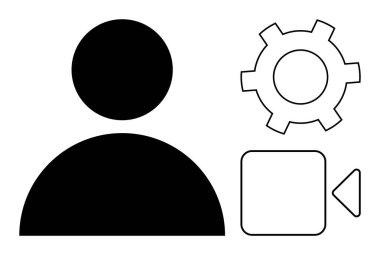 Kişinin silueti, ayarları temsil eden dişli, video kamera simgesi video özelliklerini sembolize ediyor. Teknoloji, kullanıcı arayüzü, ayarlar, video konferansı, dijital profiller, uygulamalar için ideal