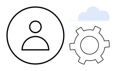 Bir insan simgesiyle minimalist tasarım, ayarları temsil eden vites ve veri depolama için bir bulut. Kullanıcı hesapları, bulut teknolojisi, veri gizliliği, sistem yapılandırması, bilişim çözümleri, yazılım için ideal