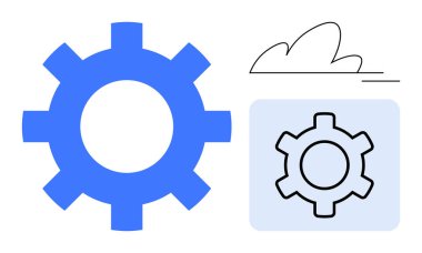Bulutun yanında mavi vites ve bir kutunun içinde ana hatları çizilmiş vites. Teknoloji, ayar, geliştirme, süreç, sistem, makine, yenilik, basit iniş sayfası için ideal