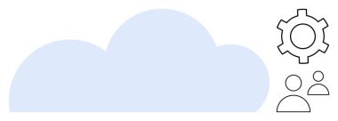 Üzerinde iki kullanıcı simgesi ve bir vites sembolü olan büyük mavi bulut şekli. Bulut hesaplama, takım çalışması, süreç yönetimi, dijital teknoloji, yenilik, veri depolama, basit iniş sayfası için ideal