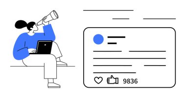 Bilgisayarlı bir kadın teleskopla sosyal medya paylaşımının yanında başparmak ve yorumlar gösteriyor. Sosyal medya stratejisi, analitik, içerik planlaması, izleyici artışı, içgörü için ideal