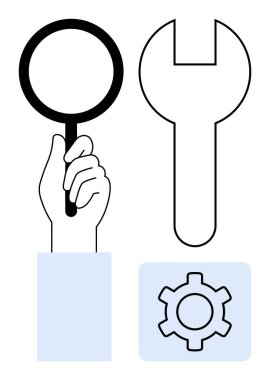 El ele tutuşan büyüteç, anahtar sembolü ve keşif, onarım ve işlevselliği temsil eden vites simgesi. Teşhis, araçlar, ayarlar, optimizasyon denetleme stratejisi için ideal basit