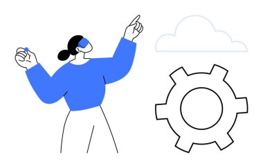 Dişli ve bulutun yakınındaki kadın figürü teknolojiyi, yeniliği, takım çalışmasını ve fikirleri sembolize ediyor. Takım çalışması için ideal odak, yaratıcılık, teknik çözümler, süreç stratejisi bulutu