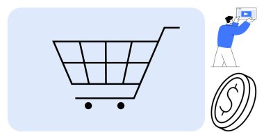 Alış veriş arabası odaklı, eğitmen video sunuyor, büyük para simgesi. E-ticaret için ideal, çevrimiçi alışveriş, dijital pazarlama, eğitim, ödeme sistemleri, finansal okur yazarlık basit iniş sayfası