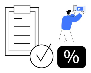 İşaretli görevleri olan kontrol listesi, onay işaretleri, yüzde simgesi, ortam içeriğini tutan kişi. Proje planlaması, görev yönetimi, verimlilik, onaylar, analitik sunumlar için ideal