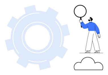 Geniş yarı saydam ekipman ve bulut çizgisi yakınında büyüteç tutan kişi. Yenilik, teknoloji, geliştirme, problem çözme, veri analizi, strateji, takım çalışması, basit iniş sayfası için ideal