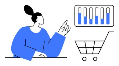 Veri tablosuna dikey barlarla bakan bir kadın, alışveriş arabasının yanında. Analiz, e-ticaret stratejisi, pazarlama, tüketici davranışı, finansal planlama, perakende trendler, basit iniş
