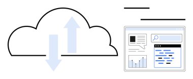 Yukarı ve aşağı okları olan bir web arayüzü yanında grafik, metin ve arama çubuğu gösteren bir bulut. Teknoloji, analitik, veri transferi, bağlantı, bulut hesaplama, basit web arayüzü için ideal