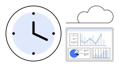 Zaman yönetimini temsil eden saat, bulut bağlantılı grafikler ve çizelgelerle birlikte. Üretkenlik, bulut hesaplama, veri analizi, yönetim, planlama, verimlilik için ideal, basit