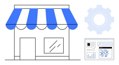 Çizgili tenteli, analitik gösterge paneli ve optimizasyon için teçhizatı olan küçük bir dükkan. Çevrimiçi iş, e-ticaret, yerel perakende, büyüme, SEO, basit iniş sayfaları için ideal