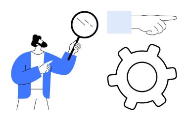 Büyüteç tutan kişi, işaret eden el, büyük teçhizat. Analiz, keşif, yön, araştırma, takım çalışması üretkenlik beyin fırtınası için ideal. Temiz düz basit metafor