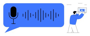 Mavi bir konuşma balonunda mikrofon ve ses dalgası elinde medya ekranı oynatıcısı tutan bir adam. Podcast, canlı yayın, ses tanıma, multimedya, ses sistemi, iletişim, basit iniş sayfası için ideal