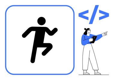 Tableti tutan programcının yanında kare kare kare çerçevede çalışan simge kod parantezine işaret ediyor. Yazılım geliştirme, kodlama dersleri, programlama toplulukları, uygulama tasarımı, dijital için ideal