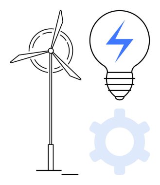 Temiz enerji üreten rüzgar türbini, elektrik için mavi yıldırımlı ampul ve yenilik ve ilerleme için vites. Sürdürülebilirlik, yeşil enerji, verimlilik, yenilik ve teknoloji için ideal