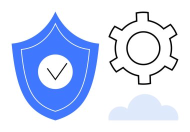 Kontrol işaretli mavi kalkan, siyah dişli taslak, ve açık mavi bulut korumayı temsil ediyor, siber güvenlik, bulut hesaplama, veri yönetimi, işlem optimizasyonu. Güvenlik hizmetleri için ideal bilgi işlem
