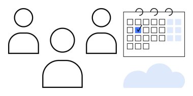 İşaretli bir takvim ve bulut grafiğinin yanında basitleştirilmiş üç insan simgesi. Takım çalışması, takvim, verimlilik, organizasyon, bulut entegrasyonu, proje yönetimi, zaman planlama için ideal. Düz basit
