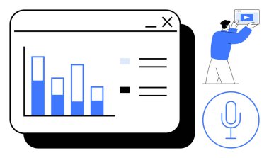 Çubuk çizelgesi, ayarları ve ses destek sembolü olan dijital veri paneli. Elinde video ekranı olan kişi. Teknoloji, veri analizi, podcast, iş araçları, eğitim için ideal