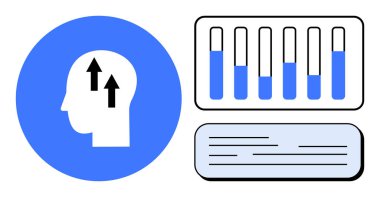 Büyümeyi, çizelge elementlerini ve analitik ve veri içgörülerini gösteren metin kutularını gösteren yukarı doğru okları olan insan kafası. Yenilik, araştırma, eğitim, girişimcilik ve teknoloji için ideal