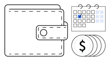 Dikiş çizgili cüzdan, dolar işaretli paralar, çek ile işaretlenmiş takvim. Finans, bütçe, tasarruf, ödeme programları, para yönetimi, kişisel finans ve maliyet takibi için ideal